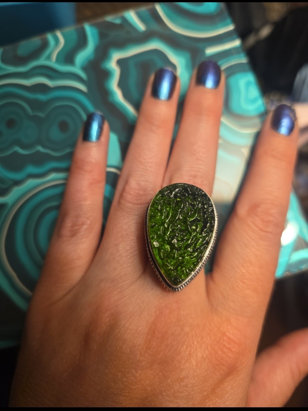 Moldavite Crystal Tektite Glass Gemstone Handmade Antique Design Ring 925 Sz 8